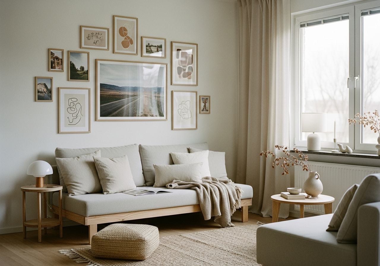 A cozy living room with a modern gallery wall centered around a large framed photograph.